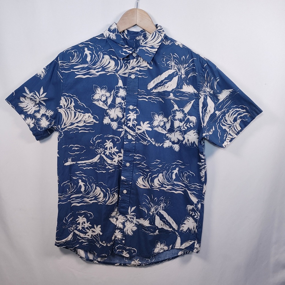Slate & Stone Button-Up Shirt Men's Medium Blue Tropical Wave Print Short Sleeve